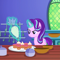 Size: 1079x1079 | Tagged: safe, screencap, starlight glimmer, pony, unicorn, all bottled up, g4, cake, cropped, female, food, mare, solo, teacakes