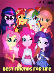 Size: 1536x2040 | Tagged: safe, artist:artmlpk, applejack, fluttershy, pinkie pie, rainbow dash, rarity, sci-twi, sunset shimmer, twilight sparkle, equestria girls, g4, best friends, cute, humane five, humane seven, humane six, looking at you, smiling, smiling at you