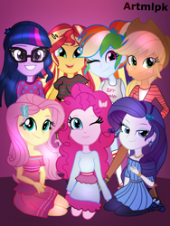 Size: 1536x2048 | Tagged: safe, artist:artmlpk, applejack, fluttershy, pinkie pie, rainbow dash, rarity, sci-twi, sunset shimmer, twilight sparkle, equestria girls, g4, cute, digital art, humane five, humane seven, humane six, looking at you, smiling, smiling at you