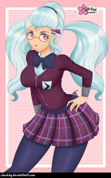 Size: 851x1352 | Tagged: safe, alternate version, artist:clouddg, sugarcoat, human, equestria girls, g4, my little pony equestria girls: friendship games, breasts, busty sugarcoat, clothes, crystal prep academy uniform, female, glasses, hand on hip, human coloration, leggings, looking at you, multiple variants, open mouth, pigtails, plaid skirt, pleated skirt, school uniform, signature, skirt, solo, twintails