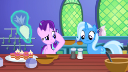 Size: 1920x1080 | Tagged: safe, screencap, starlight glimmer, trixie, pony, unicorn, all bottled up, g4, cake, female, food, mare, teacakes