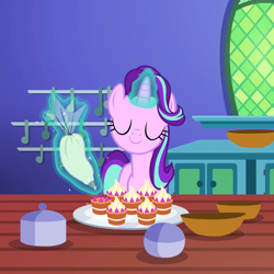 Size: 1080x1080 | Tagged: safe, screencap, starlight glimmer, pony, unicorn, all bottled up, g4, cake, cropped, female, food, frosting, icing bag, mare, solo, teacakes