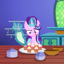 Size: 1080x1080 | Tagged: safe, screencap, starlight glimmer, pony, unicorn, all bottled up, g4, cake, cropped, female, food, mare, solo, teacakes, tongue out