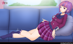 Size: 1600x963 | Tagged: safe, alternate version, artist:clouddg, sunny flare, human, equestria girls, g4, my little pony equestria girls: friendship games, adoraflare, adorasexy, clothes, couch, crystal prep academy uniform, cute, female, human coloration, humanized, legs, looking at you, lying down, miniskirt, multiple variants, open mouth, pillow, plaid skirt, pleated skirt, school uniform, sexy, skirt, solo, sunny flare's wrist devices, thighs
