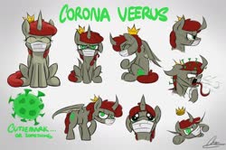 Size: 1600x1062 | Tagged: safe, artist:oinktweetstudios, oc, oc only, oc:corona veerus, hybrid, monster pony, pony, coronavirus, coughing, covid-19, crown, curved horn, face mask, fangs, female, gray background, hissing, horn, jewelry, long tongue, mare, mask, ponified, ppe, regalia, scar, simple background, solo, surgical mask, tongue out, wings