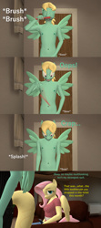 Size: 1920x4320 | Tagged: safe, artist:papadragon69, fluttershy, zephyr breeze, anthro, g4, 3d, armpits, belly button, brother and sister, casual nudity, censored penis, comic, fail, female, implied pissing, male, multitasking, nudity, oops, siblings, source filmmaker, toothbrush