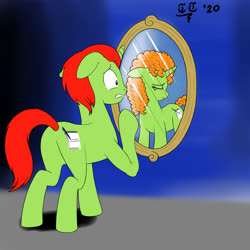 Size: 2000x2000 | Tagged: safe, artist:tomtornados, oc, oc:evelyn rose, oc:stratos cloud, pony, unicorn, commission, female, high res, implied transgender, male, mare, mirror, sad, stallion, worried