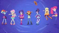 Size: 1351x756 | Tagged: safe, screencap, applejack, fluttershy, pinkie pie, rainbow dash, rarity, sunset shimmer, twilight sparkle, equestria girls, friendship through the ages, g4, my little pony equestria girls: rainbow rocks, abstract background, clothes, country applejack, female, folk fluttershy, humane five, humane seven, humane six, new wave pinkie, rainbow punk, sgt. rarity, twilight sparkle (alicorn)