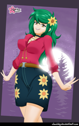 Size: 784x1247 | Tagged: safe, alternate version, artist:clouddg, wallflower blush, human, equestria girls, equestria girls series, g4, let it rain, sunset's backstage pass!, spoiler:eqg series (season 2), breasts, busty wallflower blush, clothes, digital art, female, flower, flower in hair, grin, human coloration, multiple variants, music festival outfit, peace sign, sexy, shorts, smiling, solo, stupid sexy wallflower blush, wide hips