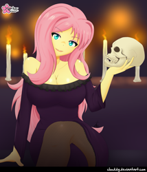 Size: 1083x1265 | Tagged: safe, alternate version, artist:clouddg, fluttershy, equestria girls, g4, big breasts, breasts, busty fluttershy, clothes, dia de los muertos, dress, female, looking at you, multiple variants, signature, skull, solo