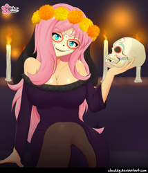 Size: 1083x1265 | Tagged: safe, alternate version, artist:clouddg, fluttershy, human, equestria girls, g4, bare shoulders, big breasts, breasts, busty fluttershy, calaverita (sugar skull), candle, catrina (calavera garbancera), cempasúchil, cleavage, clothes, dia de los muertos, dress, face paint, female, holiday, humanized, looking at you, multiple variants, signature, skull, solo, sugar skull