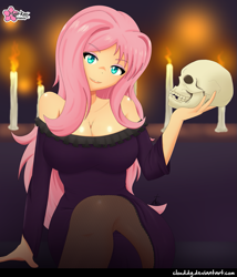 Size: 1083x1265 | Tagged: safe, alternate version, artist:clouddg, fluttershy, human, equestria girls, g4, bare shoulders, big breasts, breasts, busty fluttershy, candle, cleavage, clothes, dia de los muertos, dress, female, holiday, human coloration, looking at you, multiple variants, signature, skull, solo