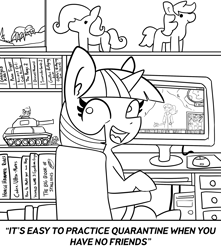 Size: 2250x2550 | Tagged: safe, artist:tjpones, twilight sparkle, human, pony, spider, unicorn, g4, alone, black and white, computer, computer mouse, coronavirus, covid-19, drive me closer, female, gallabuse, grayscale, high res, horse puns, isolation, lineart, mare, meme, mmo, monochrome, plushie, quarantine, resident evil, resident evil:code veronica, solo, talking to viewer, tank (vehicle), unicorn twilight, warhammer (game), warhammer 40k