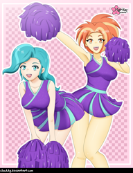 Size: 1228x1600 | Tagged: safe, alternate version, artist:clouddg, lighthoof, shimmy shake, human, 2 4 6 greaaat, equestria girls, g4, armpits, breasts, cheerleader, clothes, duo, duo female, equestria girls-ified, female, human coloration, miniskirt, multiple variants, open mouth, open smile, pleated skirt, pom pom, signature, skirt, sleeveless, smiling, tank top