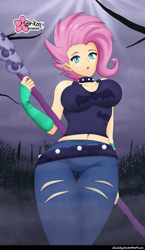 Size: 750x1291 | Tagged: safe, artist:clouddg, fluttershy, human, equestria girls, g4, my little pony equestria girls: better together, the road less scheduled, the road less scheduled: fluttershy, belly button, breasts, busty fluttershy, choker, clothes, crystal skull staff, female, flutterpunk, goth, human coloration, metalshy, midriff, multiple variants, pants, solo, tank top
