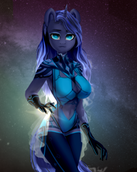 Size: 2400x3000 | Tagged: safe, artist:shooshaa, oc, oc only, oc:mystic shadow, unicorn, anthro, anthro oc, armpits, belly button, boob window, breasts, cleavage, clothes, female, gloves, high res, horn, looking at you, mare, solo, space, wingding eyes, ych result
