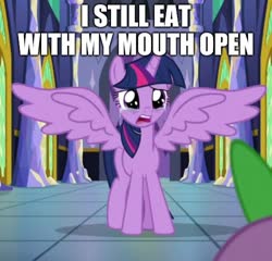 Size: 500x480 | Tagged: safe, edit, edited screencap, editor:rainbow eevee, screencap, spike, twilight sparkle, alicorn, dragon, pony, g4, the last problem, caption, cropped, crying, female, image macro, male, meme, offscreen character, open mouth, sad, solo focus, spread wings, text, twilight sparkle (alicorn), twilight's castle, wings