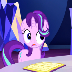 Size: 1080x1080 | Tagged: safe, screencap, starlight glimmer, pony, unicorn, all bottled up, g4, book, cropped, female, mare, solo, twilight's castle
