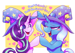Size: 4000x2828 | Tagged: safe, artist:screwchaos, starlight glimmer, trixie, pony, unicorn, g4, abstract background, best friends, blush sticker, blushing, chest fluff, clothes, duo, hat, heart, high res, looking at each other, open mouth, starry eyes, trixie's hat, wingding eyes