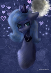 Size: 654x930 | Tagged: safe, artist:constanta-bucharei, princess luna, alicorn, pony, g4, are, bust, female, heart, looking at you, moon, solo