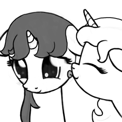 Size: 800x800 | Tagged: safe, artist:nimaru, oc, oc only, oc:crystal quarry, oc:heartsong, pony, unicorn, female, floppy ears, licking, mare, monochrome, tongue out