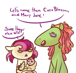 Size: 815x780 | Tagged: safe, artist:kiwigoat-art, roseluck, tree hugger, oc, oc only, oc:coco blossom, oc:mary jane, earth pony, pegasus, pony, g4, baby, baby pony, crack ship offspring, crack shipping, female, joke, magical lesbian spawn, newborn, offspring, parent:roseluck, parent:tree hugger, shipping, simple background, there's a joke in here somewhere, transparent background