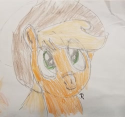 Size: 2092x1960 | Tagged: safe, artist:joeydr, applejack, earth pony, pony, g4, applejack's hat, cowboy hat, female, hat, lined paper, mare, signature, simple background, solo, traditional art