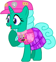Size: 911x1013 | Tagged: safe, artist:徐詩珮, glitter drops, pony, unicorn, series:sprglitemplight diary, series:sprglitemplight life jacket days, series:springshadowdrops diary, series:springshadowdrops life jacket days, g4, alternate universe, base used, clothes, dress, eyelashes, female, hat, mare, open mouth, paw patrol, paw prints, raised hoof, simple background, skye (paw patrol), smiling, solo, transparent background, ultimate rescue