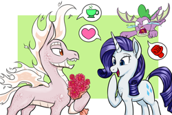 Size: 1800x1200 | Tagged: safe, artist:thescornfulreptilian, rarity, spike, dragon, hybrid, longma, pony, them's fightin' herds, g4, background character, bouquet, community related, flower, jealous, mane of fire, this will end in a fight, this will not end well, winged spike, wings