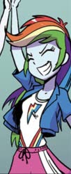 Size: 318x782 | Tagged: safe, artist:pencils, rainbow dash, rarity, equestria girls, g4, idw, spoiler:comic, spoiler:comicequestriagirlsmarchradness, clothes, cropped, eyes closed, female, grin, high five, smiling, solo focus