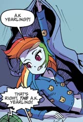 Size: 423x618 | Tagged: safe, artist:pencils, idw, rainbow dash, equestria girls, g4, spoiler:comic, spoiler:comicequestriagirlsmarchradness, belly button, clothes, cropped, female, midriff, pajamas, short shirt, solo