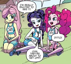 Size: 892x802 | Tagged: safe, artist:pencils, fluttershy, pinkie pie, rarity, equestria girls, g4, idw, spoiler:comic, spoiler:comicequestriagirlsmarchradness, alternate hairstyle, belly button, clothes, cute, diapinkes, flutterthighs, legs, midriff, pigtails, raribetes, sexy, shoes, shorts, shyabetes, sleeveless, sneakers, sports bra, sports shorts, trio