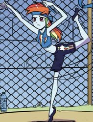 Size: 415x547 | Tagged: safe, artist:pencils, rainbow dash, equestria girls, g4, idw, spoiler:comic, spoiler:comicequestriagirlsmarchradness, ballet, ballet slippers, clothes, cropped, en pointe, female, practice, shorts, sleeveless, solo, sweatband, tank top