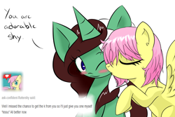 Size: 1280x853 | Tagged: safe, artist:kaggy009, fluttershy, oc, oc only, oc:peppermint pattie (unicorn), pony, unicorn, ask peppermint pattie, alternate hairstyle, female, kissing, mare, solo