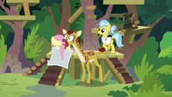 Size: 1920x1080 | Tagged: safe, screencap, clementine, doctor fauna, fluttershy, earth pony, giraffe, pony, g4, she talks to angel, clothes, cloven hooves, female, mare, open mouth, shirt, sweet feather sanctuary, tongue out