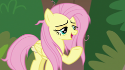 Size: 1920x1080 | Tagged: safe, screencap, fluttershy, pegasus, pony, g4, she talks to angel, female, folded wings, mare, messy mane, open mouth, raised hoof, solo, tired, wings