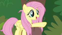 Size: 1920x1080 | Tagged: safe, screencap, fluttershy, pegasus, pony, g4, she talks to angel, female, folded wings, mare, messy mane, pointing, raised hoof, solo, wings