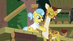 Size: 1920x1080 | Tagged: safe, screencap, clementine, doctor fauna, earth pony, giraffe, pony, g4, she talks to angel, clothes, cute, duo, eyes closed, faunabetes, female, mare, ponytail, shirt, smiling