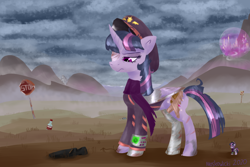 Size: 1280x854 | Tagged: safe, artist:moskowizki, mean twilight sparkle, alicorn, pony, fallout equestria, g4, amputee, canterlot, eyepatch, female, mare, pipbuck, prosthetic limb, prosthetics, scar, solo, wasteland