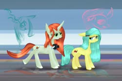 Size: 1280x854 | Tagged: safe, artist:moskowizki, crackle cosette, ocellus, queen chrysalis, changeling, earth pony, pony, g4, camera, disguise, disguised changeling, duo, female, pony chrysalis, pony ocellus