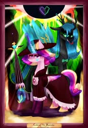 Size: 1280x1849 | Tagged: safe, artist:moskowizki, princess cadance, queen chrysalis, alicorn, changeling, changeling queen, pony, g4, crossover, duo, eclipsa butterfly, female, glowing horn, horn, infidelity, lesbian, magic, mare, ship:cadalis, shipping, star vs the forces of evil, telekinesis, umbrella