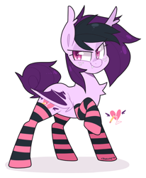 Size: 868x1052 | Tagged: safe, artist:pixelyte, oc, oc only, oc:spiral swirl, bat pony, pony, clothes, female, mare, simple background, socks, solo, striped socks, white background