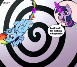 Size: 1147x1000 | Tagged: safe, artist:cornelia_nelson, artist:lazy_daissy, rainbow dash, twilight sparkle, pegasus, pony, g4, animated, commission, duo, female, frog (hoof), gif, hanging by tail, hypnosis, levitation, magic, mare, pendulum swing, rainbow dash is not amused, spiral, tail, tail pull, telekinesis, text, unamused, underhoof, ych animation, ych example, your character here