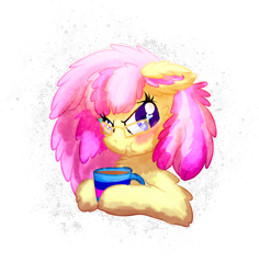 Size: 1024x1086 | Tagged: safe, artist:tiothebeetle, oc, oc only, oc:vanilla swirl, earth pony, pony, :t, blushing, bust, chocolate, coffee, colored ears, commission, drink, eyelashes, female, floppy ears, fluffy, food, glasses, heart, hoof hold, hot chocolate, looking right, mug, multicolored hair, pink mane, pouting, pouty, pouty lips, shy, simple background, snow, solo, super fluffy, transparent background, yellow fur