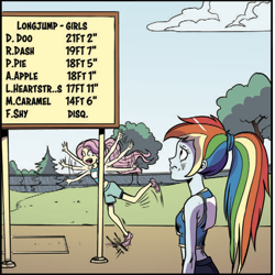 Size: 1292x1292 | Tagged: safe, artist:pencils, idw, fluttershy, rainbow dash, equestria girls, g4, spoiler:comic, spoiler:comicequestriagirlsmarchradness, clothes, implied applejack, implied derpy, implied lyra, implied pinkie pie, long jump, ponytail, shoes, sleeveless, sneakers, tripping