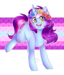 Size: 961x1123 | Tagged: safe, artist:paintpalet35, oc, oc only, pony, unicorn, abstract background, female, floral head wreath, flower, mare, open mouth, simple background, solo, transparent background
