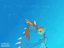 Size: 1280x960 | Tagged: safe, artist:samuel-neocros, rainbow dash, oc, oc:neocros, dragon, pegasus, pony, anthro, g4, anthro with ponies, canon x oc, cute, duo, female, holiday, looking at each other, male, neodash, straight, valentine's day, zoom layer