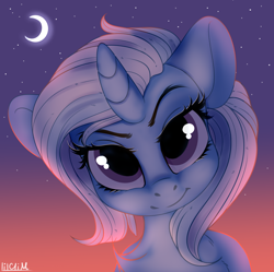 Size: 2460x2455 | Tagged: safe, artist:lilclim, trixie, pony, unicorn, g4, bust, chest fluff, crescent moon, cute, diatrixes, female, head tilt, high res, looking at you, mare, moon, night, portrait, sky, smiling, smirk, solo, stars