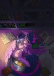 Size: 769x1080 | Tagged: safe, artist:tinybenz, twilight sparkle, alicorn, pony, g4, book, bookshelf, cute, eyes closed, female, horn, indoors, ink, inkwell, library, mare, paper, profile, quill, sleeping, solo, twiabetes, twilight sparkle (alicorn), wings