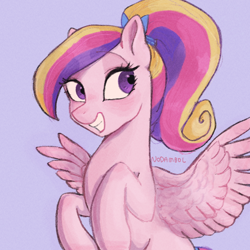 Size: 700x700 | Tagged: safe, artist:nodambol, princess cadance, pegasus, pony, g4, cute, cutedance, female, mare, pegasus cadance, purple background, simple background, smiling, solo, spread wings, teen princess cadance, wings, young, younger